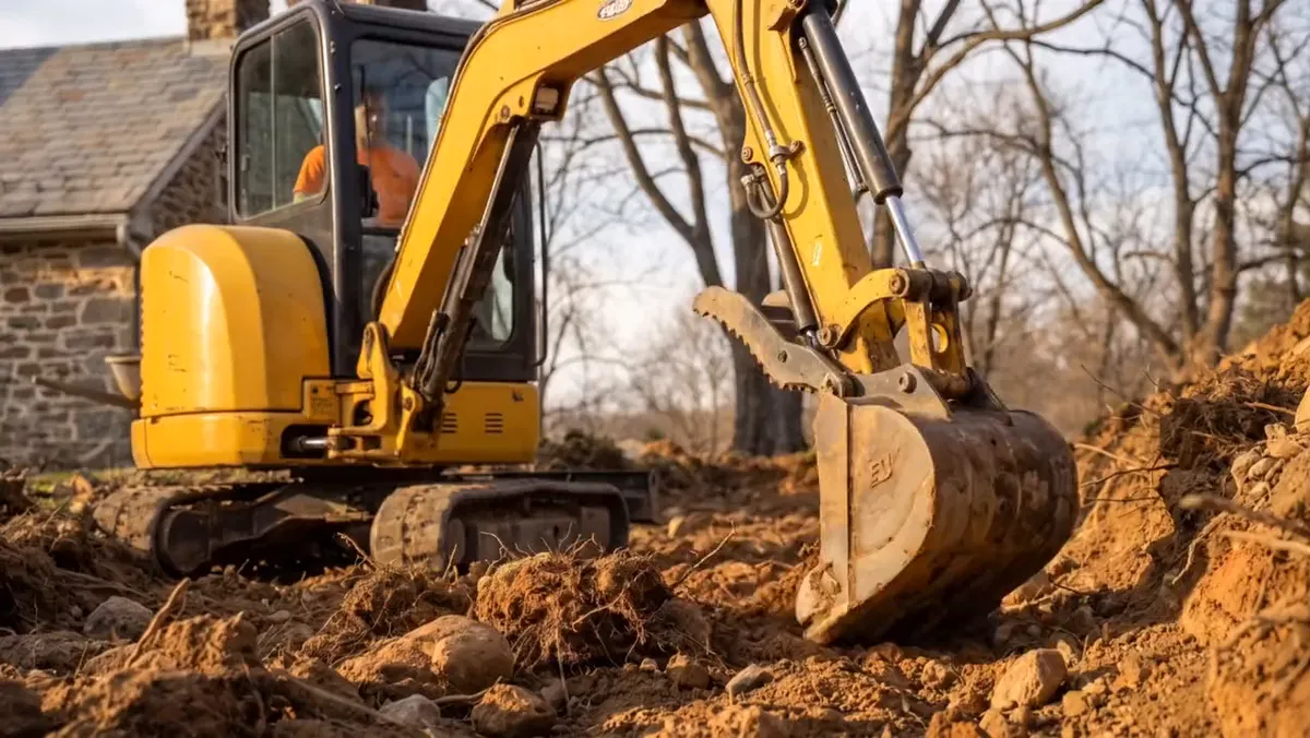 Illustrative film of how a job runs: a mini excavator breaking ground, formed footings, a block foundation, drainage pipe, a skid steer spreading stone, a formed slab, a finished driveway and plans on a truck tailgate
